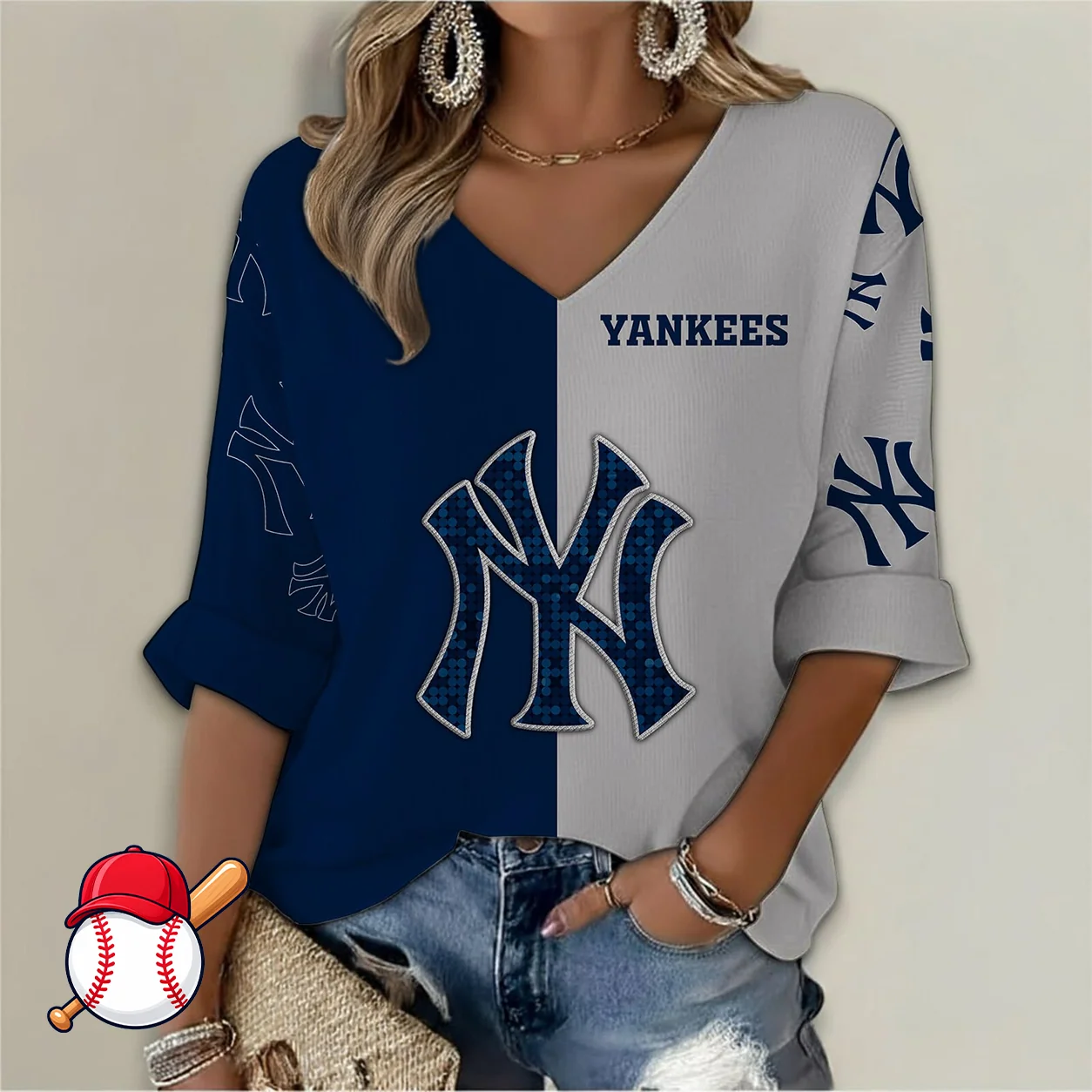 Limited Edition – Customized MLB New York Yankees Women’s V-Neck Long Sleeve Shirt