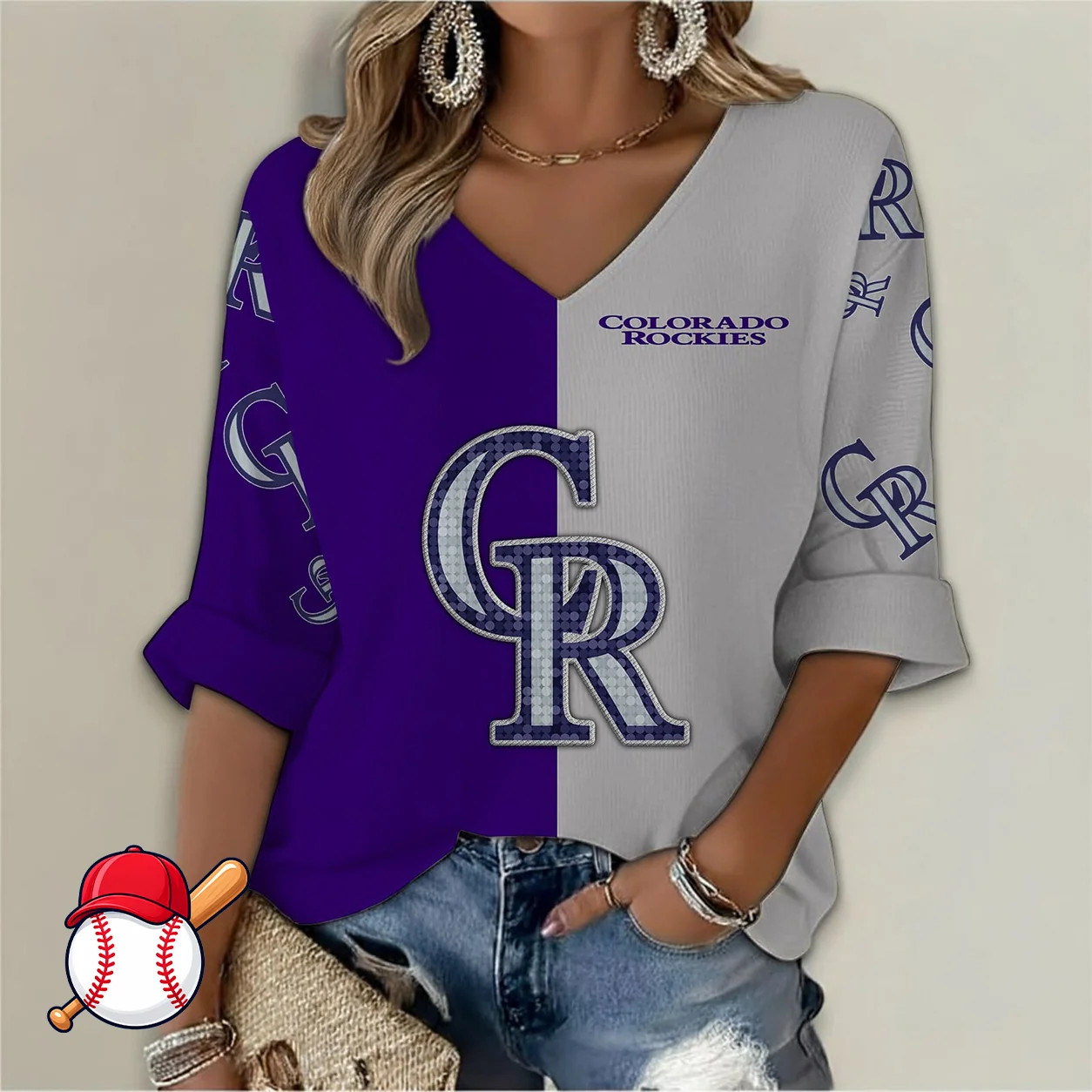Limited Edition – Customized MLB Colorado Rockies Women’s V-Neck Long Sleeve Shirt