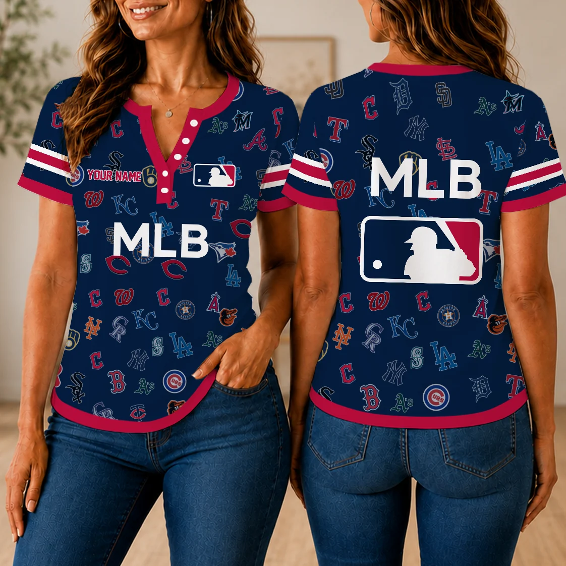 Limited Edition – Customized MLB All Teams Women’s Short Sleeve Henley T-Shirt