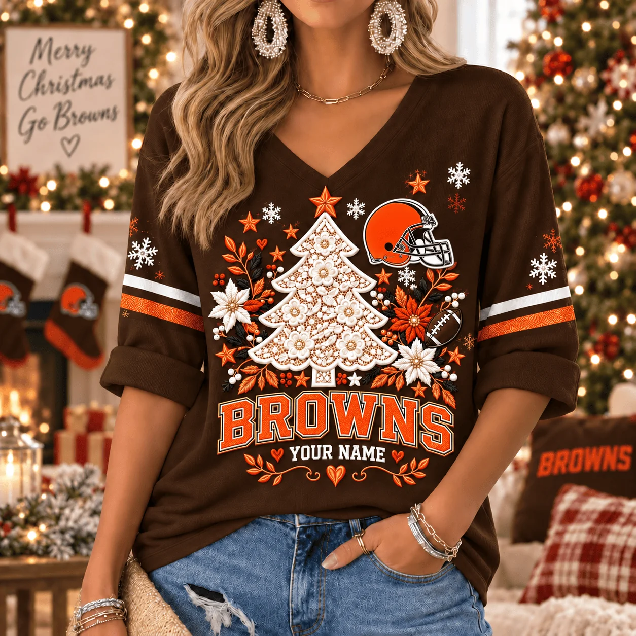 Limited Edition – Customized NFL Cleveland Browns Women’s Heart V-Neck Long Sleeve Shirt
