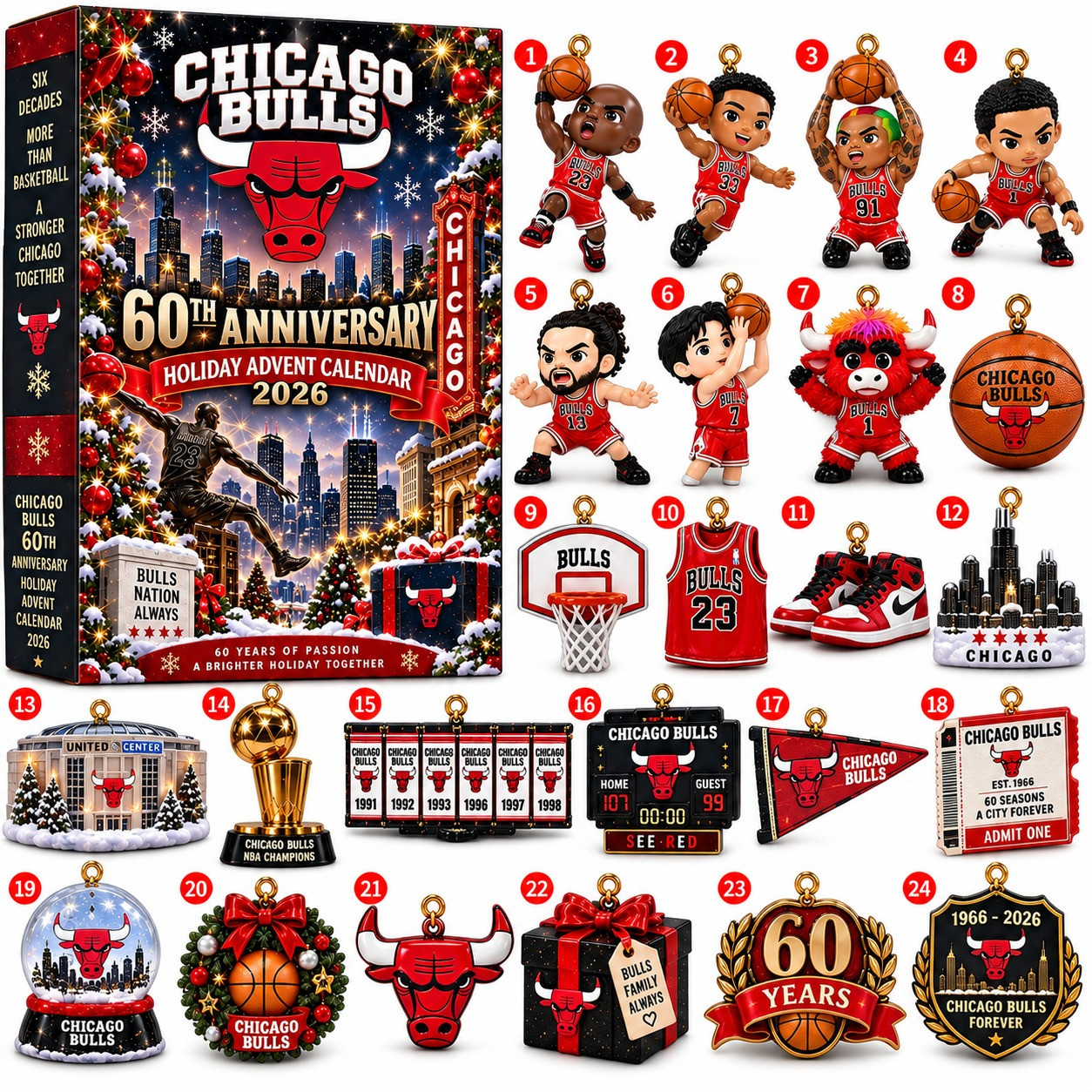 Chicago Bulls 60th Anniversary Advent Calendar 2026 60 Years Of Passion Christmas Gift