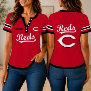 Limited Edition – Customized MLB Cincinnati Reds Women’s Short Sleeve Henley T-Shirt