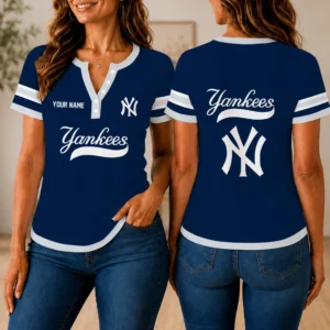 Limited Edition – Customized MLB New York Yankees Women’s Short Sleeve Henley T-Shirt