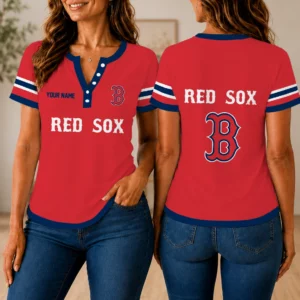 Limited Edition – Customized MLB Boston Red Sox Women’s Short Sleeve Henley T-Shirt