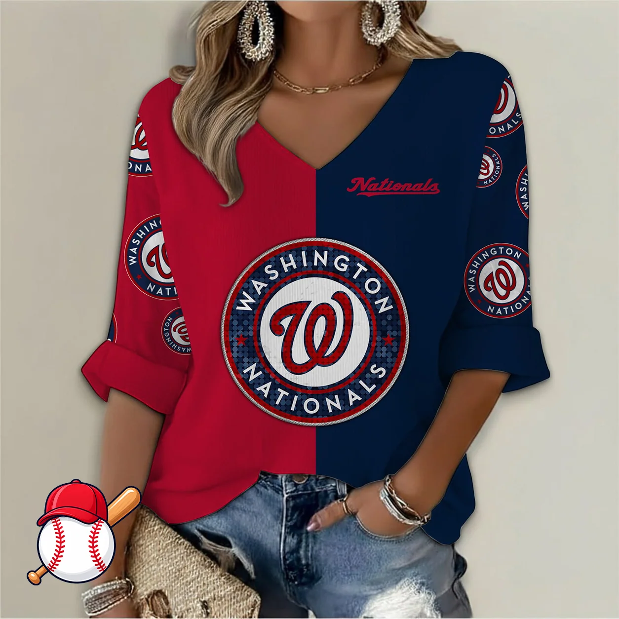 Limited Edition – Customized MLB Washington Nationals Women’s V-Neck Long Sleeve Shirt
