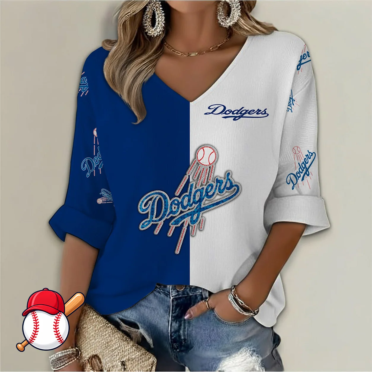 Limited Edition – Customized MLB Los Angeles Dodgers Women’s V-Neck Long Sleeve Shirt