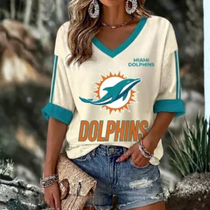 Limited Edition – Customized NFL Miami Dolphins Women’s Heart V-Neck Long Sleeve Shirt