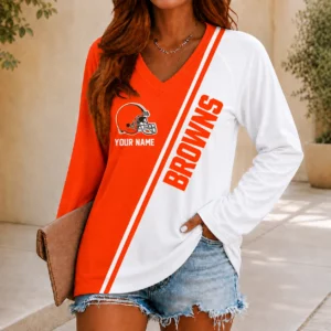 Limited Edition – Customized NFL Cleveland Browns Women’s V-Neck Long Sleeved Shirt