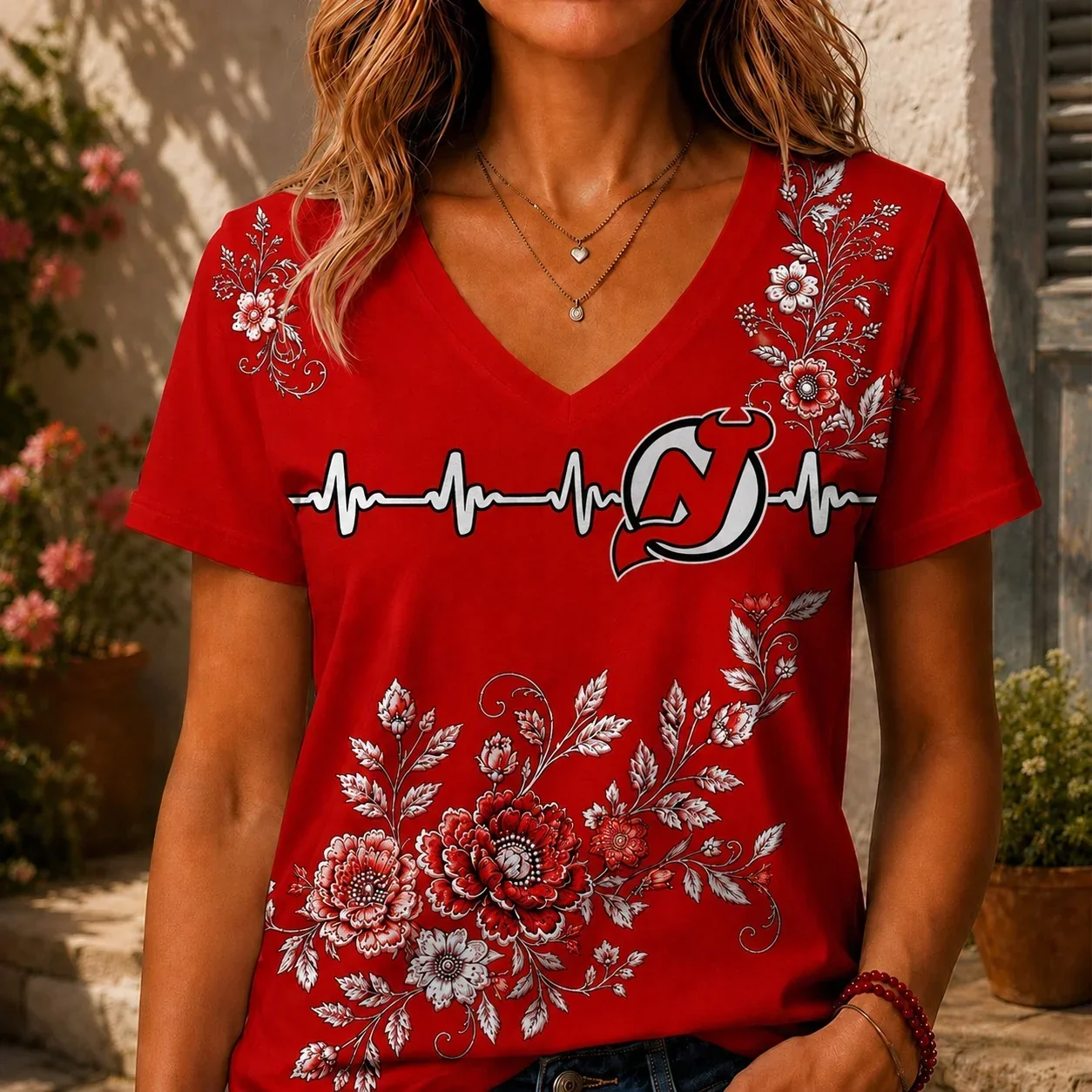 Limited Edition – Customized NHL New Jersey Devils V-Neck Female Shirt