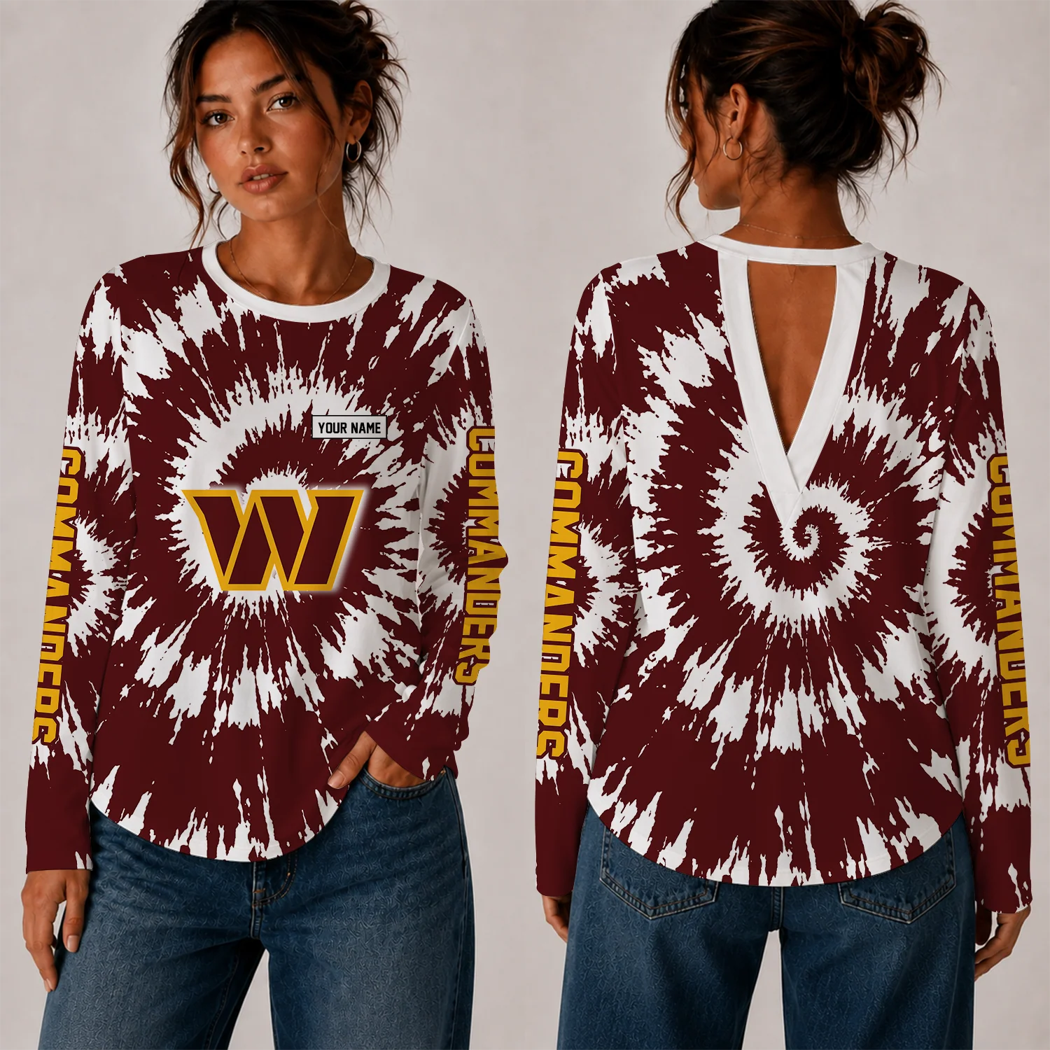 Limited Edition – Customized NFL Washington Commanders Women’s Back V-Cut Long-Sleeve Shirt