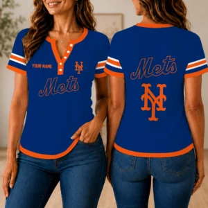 Limited Edition – Customized MLB New York Mets Women’s Short Sleeve Henley T-Shirt