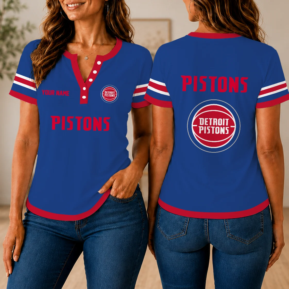 Limited Edition – Customized NBA Detroit Pistons Women’s Short Sleeve Henley T-Shirt
