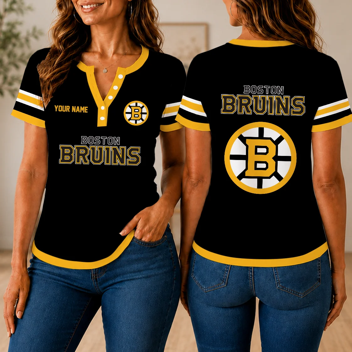 Limited Edition – Customized NHL Boston Bruins Women’s Short Sleeve Henley T-Shirt