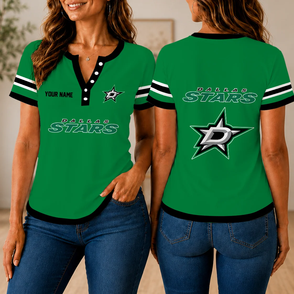Limited Edition – Customized NHL Dallas Stars Women’s Short Sleeve Henley T-Shirt