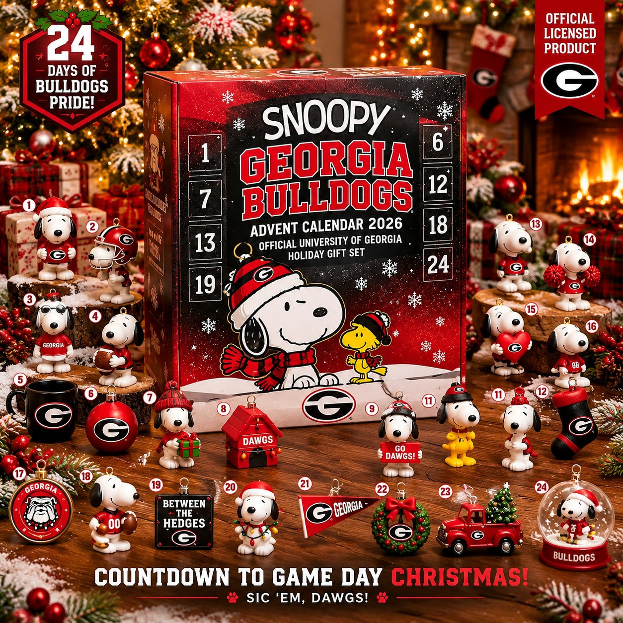 Georgia Bulldogs Snoopy 2026 Advent Calendar Holiday Decor Snoopy Fans Gift