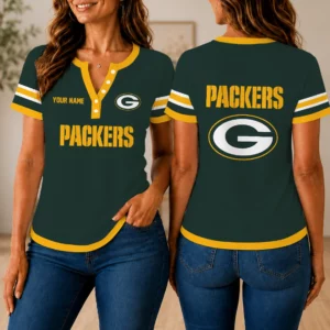 Limited Edition – Customized NFL Green Bay Packers Women’s Short Sleeve Henley T-Shirt