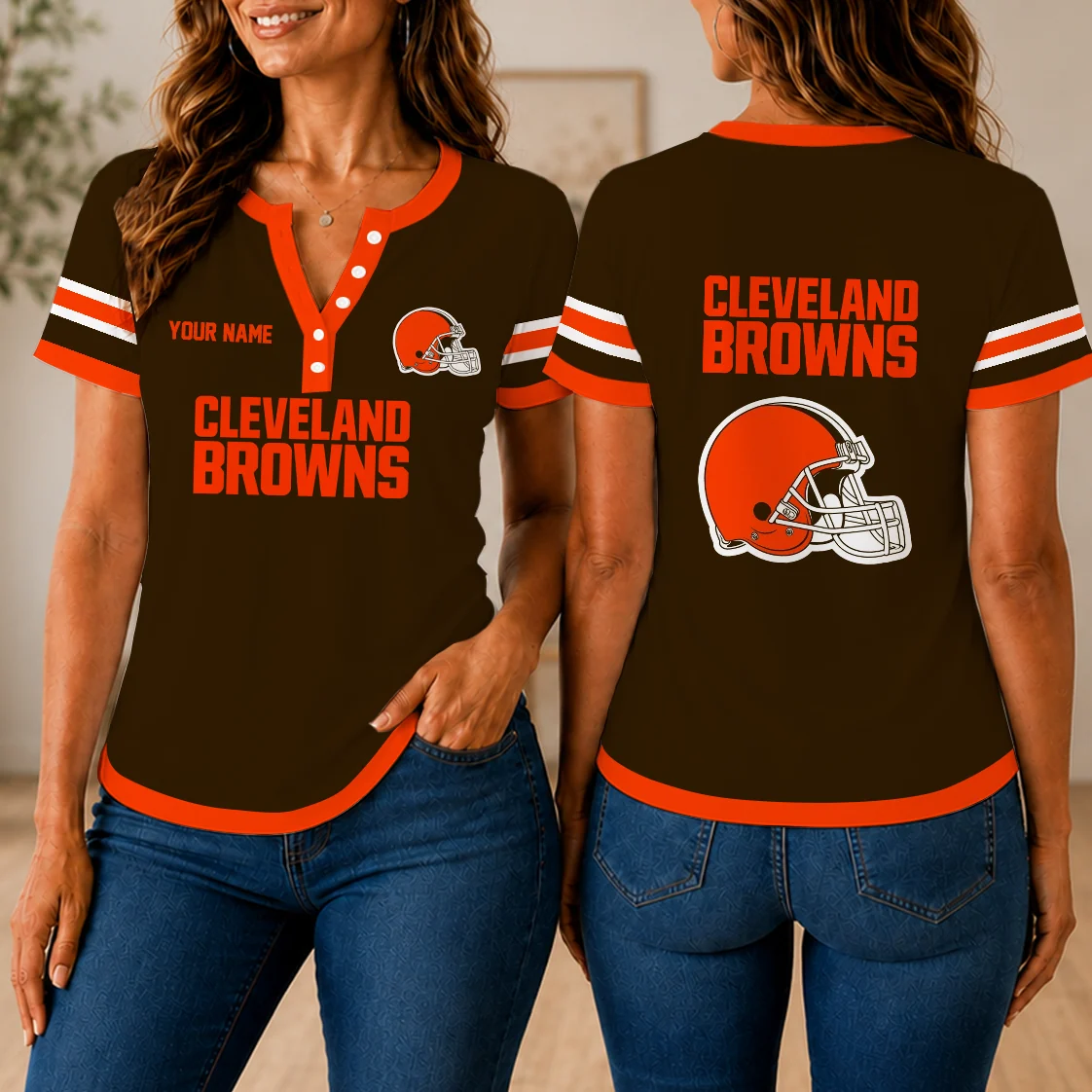 Limited Edition – Customized NFL Cleveland Browns Women’s Short Sleeve Henley T-Shirt