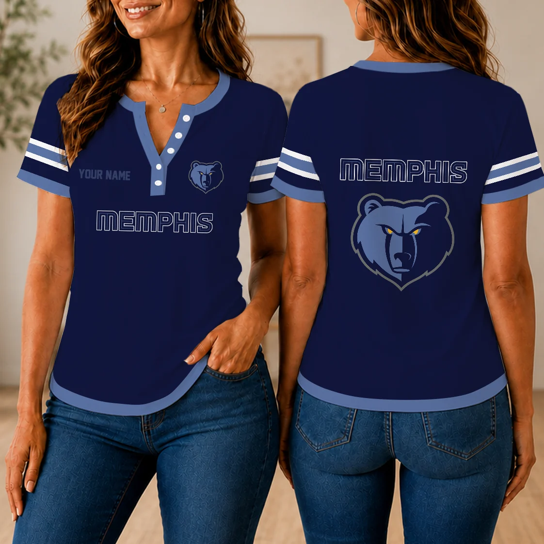 Limited Edition – Customized NBA Memphis Grizzlies Women’s Short Sleeve Henley T-Shirt