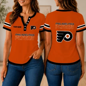 Limited Edition – Customized NHL Philadelphia Flyers Women’s Short Sleeve Henley T-Shirt