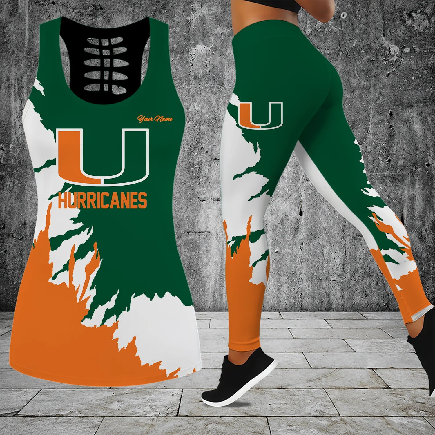 Limited Edition – Customized NCAA Miami Hurricanes Hollow Tank Top & Leggings Set