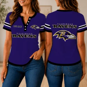 Limited Edition – Customized NFL Baltimore Ravens Women’s Short Sleeve Henley T-Shirt