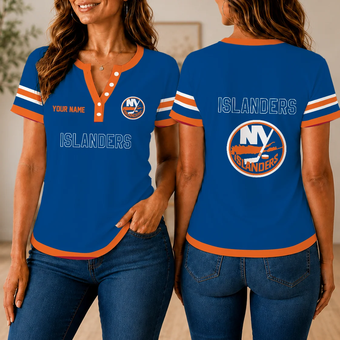 Limited Edition – Customized NHL New York Islanders Women’s Short Sleeve Henley T-Shirt