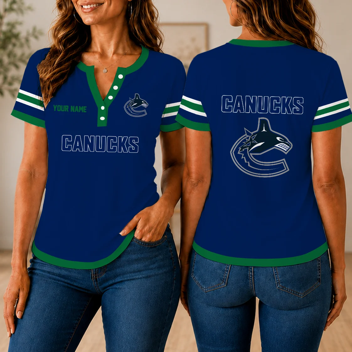 Limited Edition – Customized NHL Vancouver Canucks Women’s Short Sleeve Henley T-Shirt