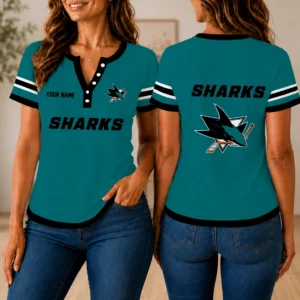 Limited Edition – Customized NHL San Jose Sharks Women’s Short Sleeve Henley T-Shirt