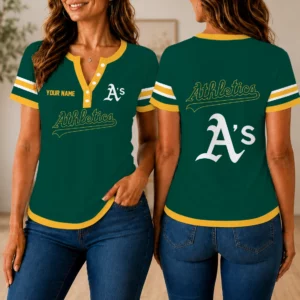 Limited Edition – Customized MLB Oakland Athletics Women’s Short Sleeve Henley T-Shirt