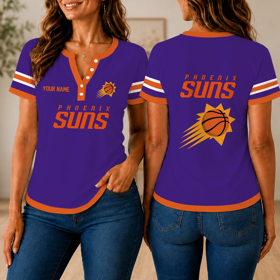 Limited Edition – Customized NBA Phoenix Suns Women’s Short Sleeve Henley T-Shirt
