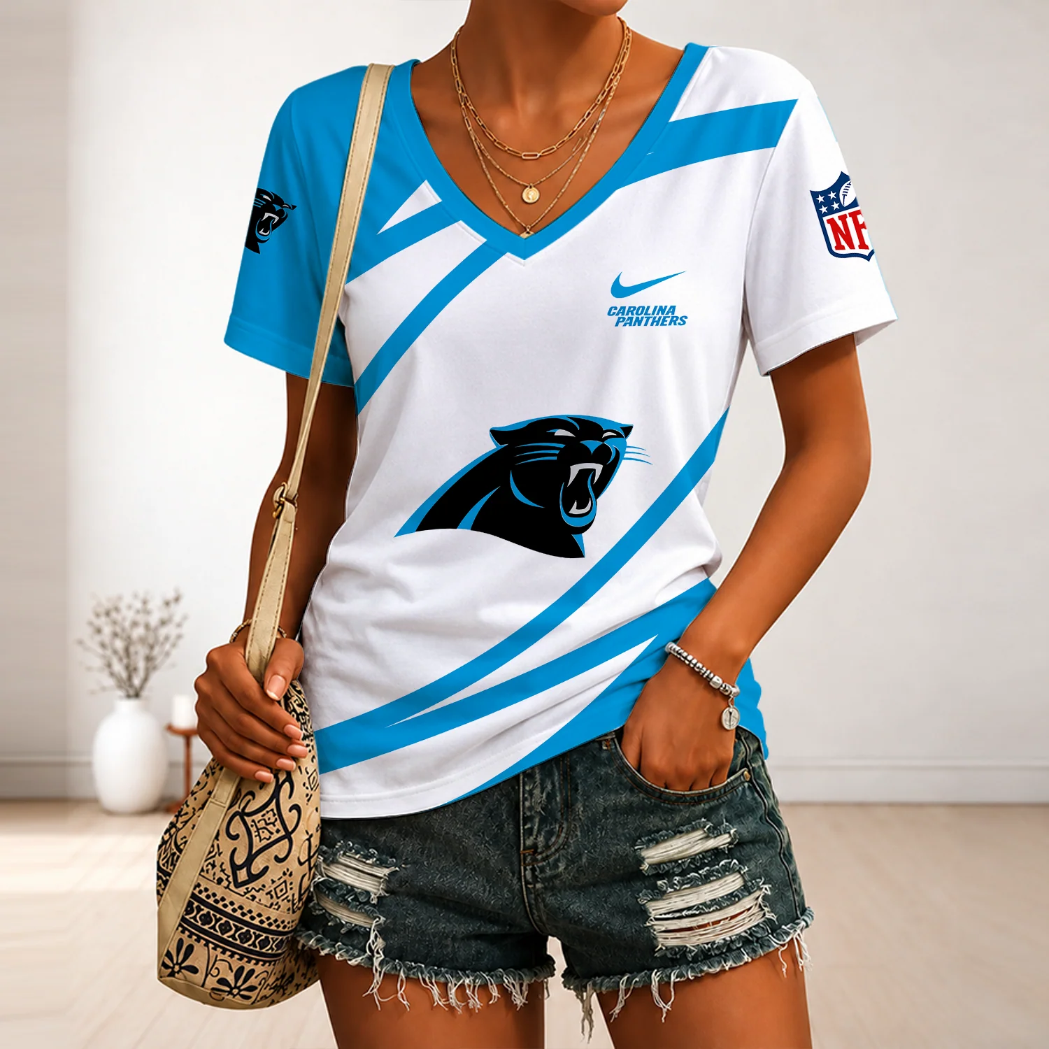 Limited Edition – Customized NFL Carolina Panthers V-Neck Female Shirt - Image 3