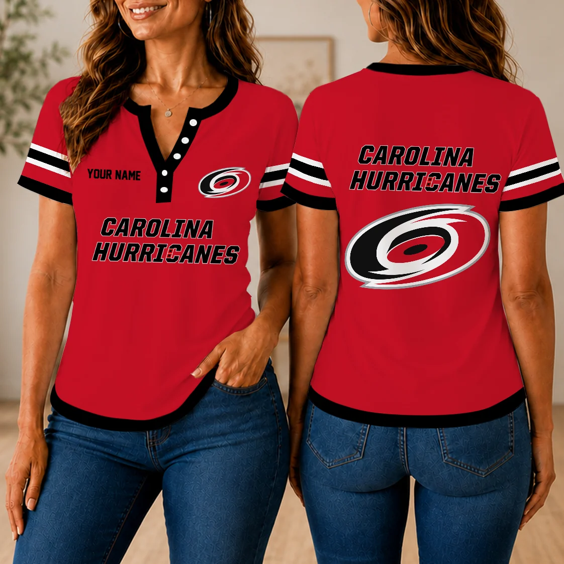 Limited Edition – Customized NHL Carolina Hurricanes Women’s Short Sleeve Henley T-Shirt