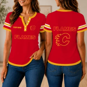 Limited Edition – Customized NHL Calgary Flames Women’s Short Sleeve Henley T-Shirt