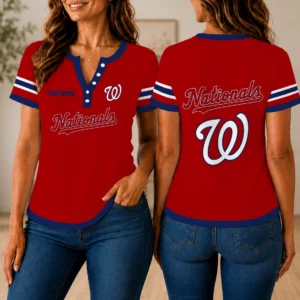 Limited Edition – Customized MLB Washington Nationals Women’s Short Sleeve Henley T-Shirt