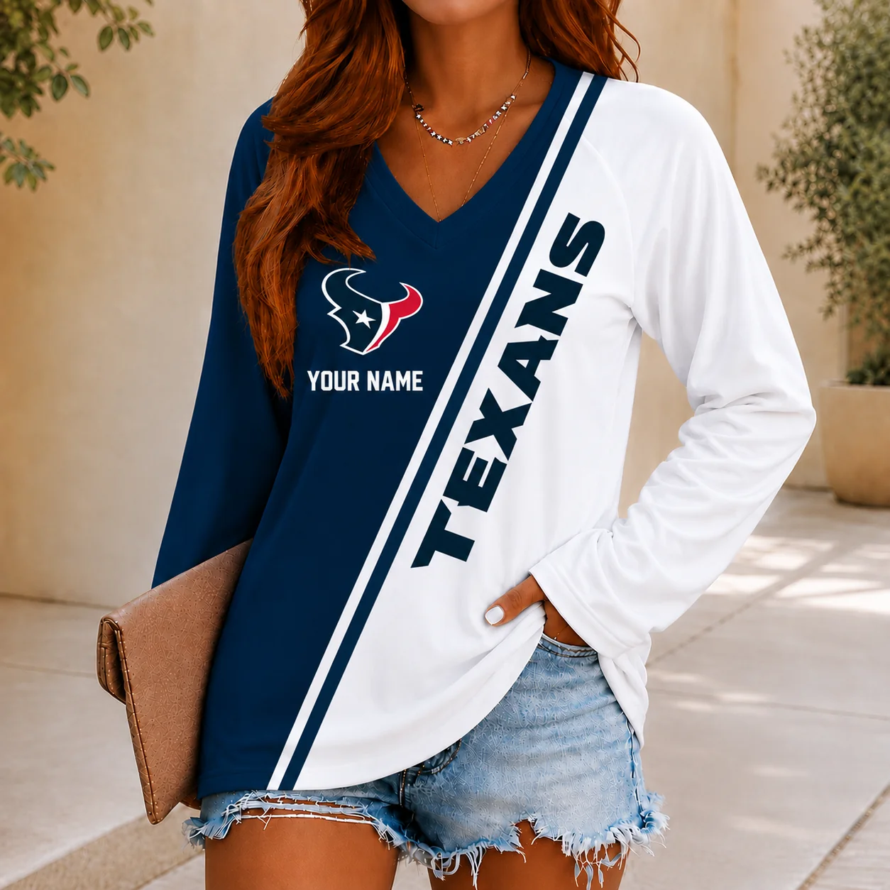 Limited Edition – Customized NFL Houston Texans Women’s V-Neck Long Sleeved Shirt