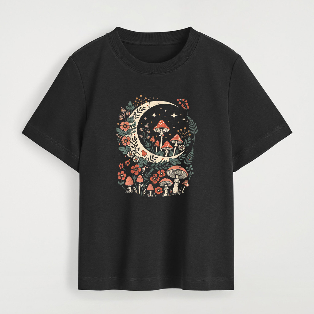 Cottagecore Mushroom Moon Flowers Aesthetic T-Shirt - Image 3