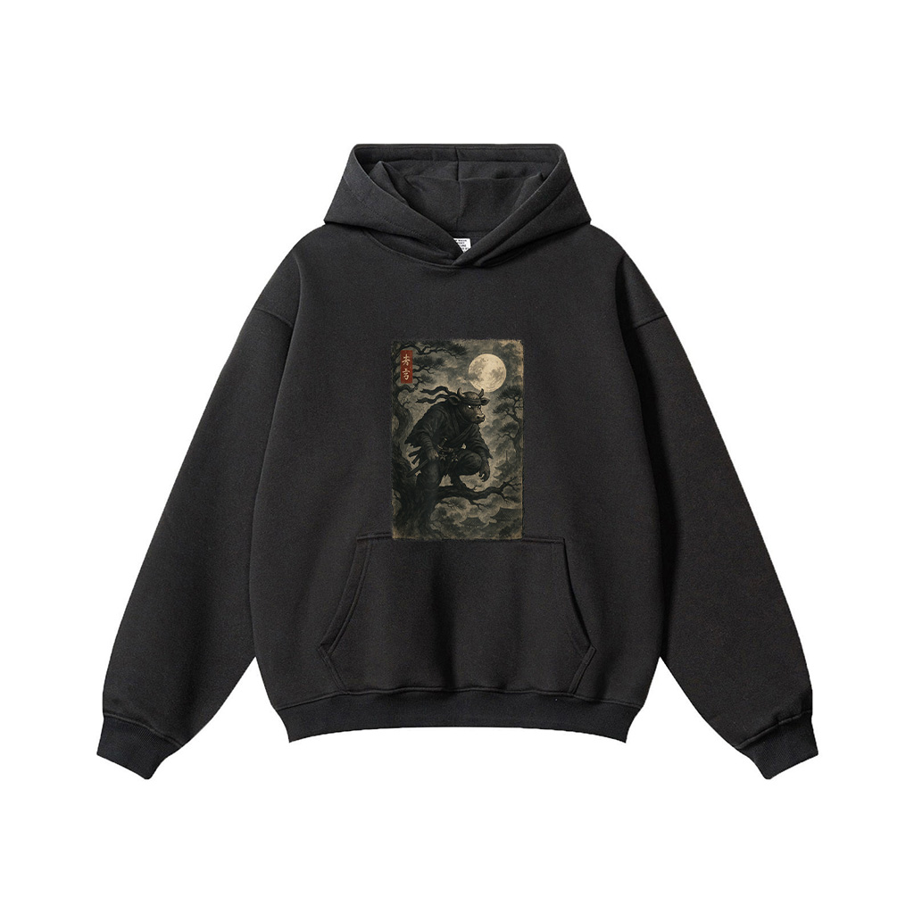 Cow Ninja Under The Full Moon Japanese Vintage Art Hoodie - Image 3