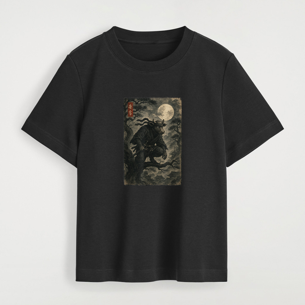 Cow Ninja Under The Full Moon Japanese Vintage Art T-Shirt - Image 3