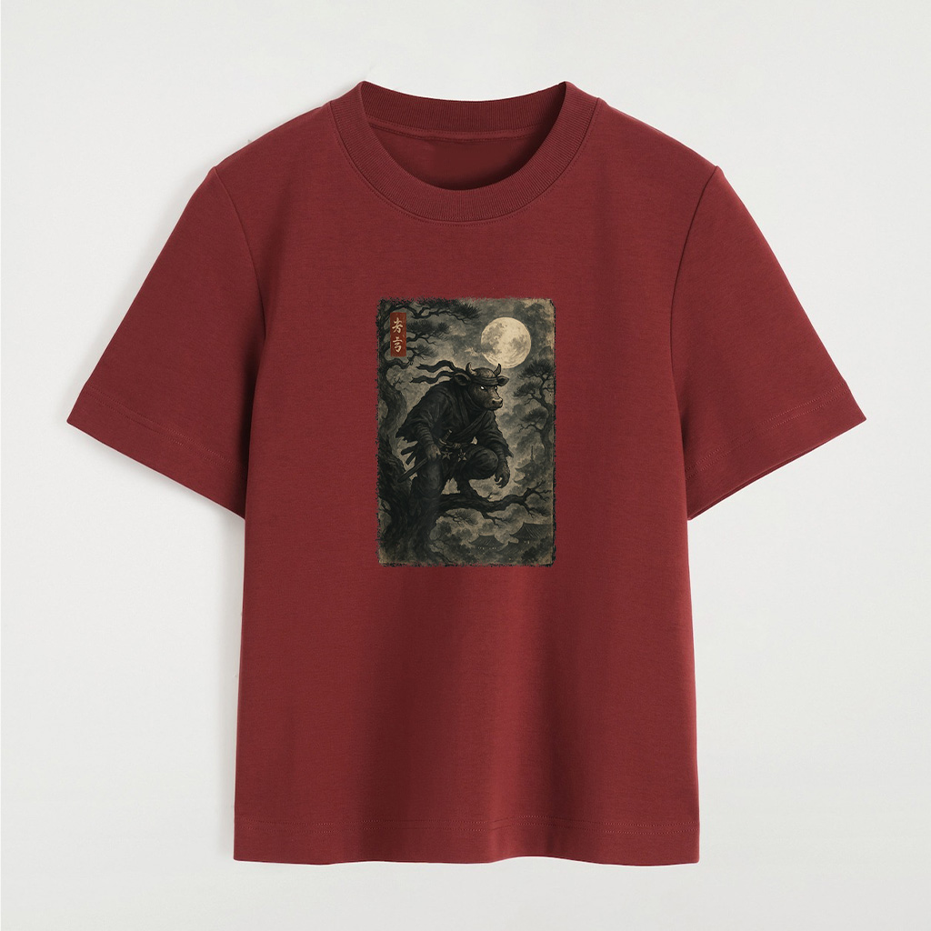 Cow Ninja Under The Full Moon Japanese Vintage Art T-Shirt - Image 7