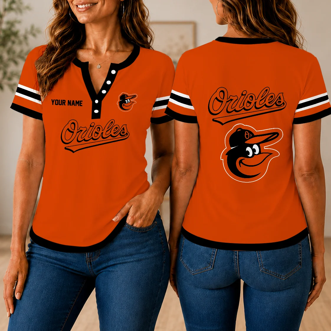 Limited Edition – Customized MLB Baltimore Orioles Women’s Short Sleeve Henley T-Shirt