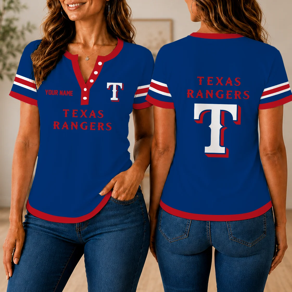 Limited Edition – Customized MLB Texas Rangers Women’s Short Sleeve Henley T-Shirt