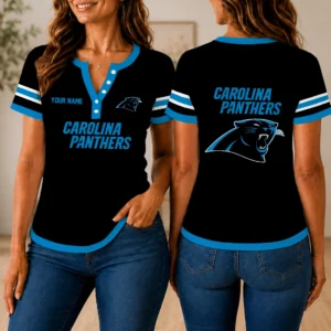 Limited Edition – Customized NFL Carolina Panthers Women’s Short Sleeve Henley T-Shirt