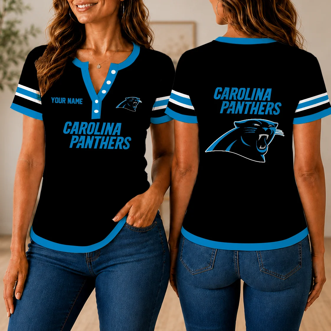 Limited Edition – Customized NFL Carolina Panthers Women’s Short Sleeve Henley T-Shirt