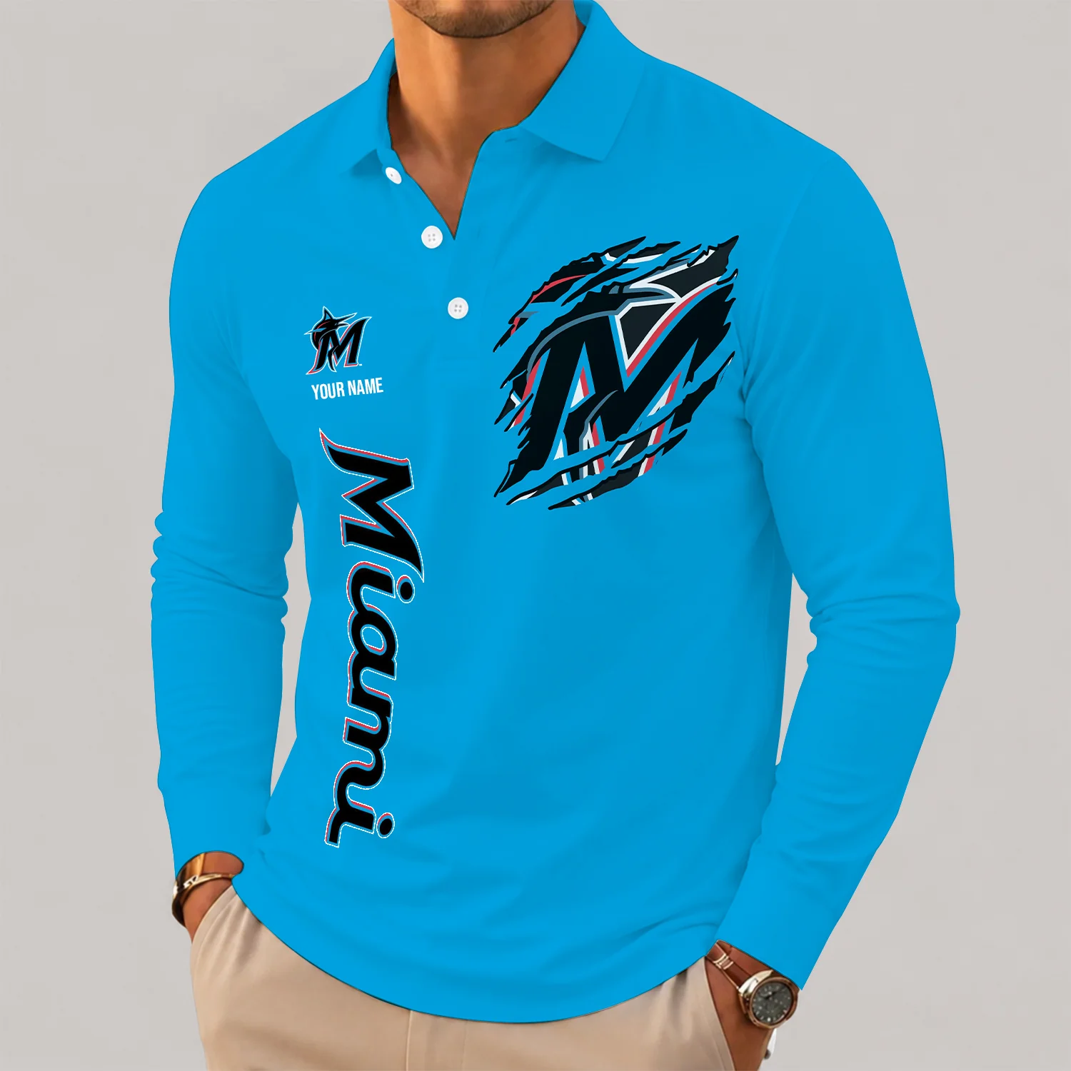 Limited Edition – Customized MLB Miami Marlins Men’s Long Sleeve Polo