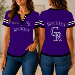 Limited Edition – Customized MLB Colorado Rockies Women’s Short Sleeve Henley T-Shirt