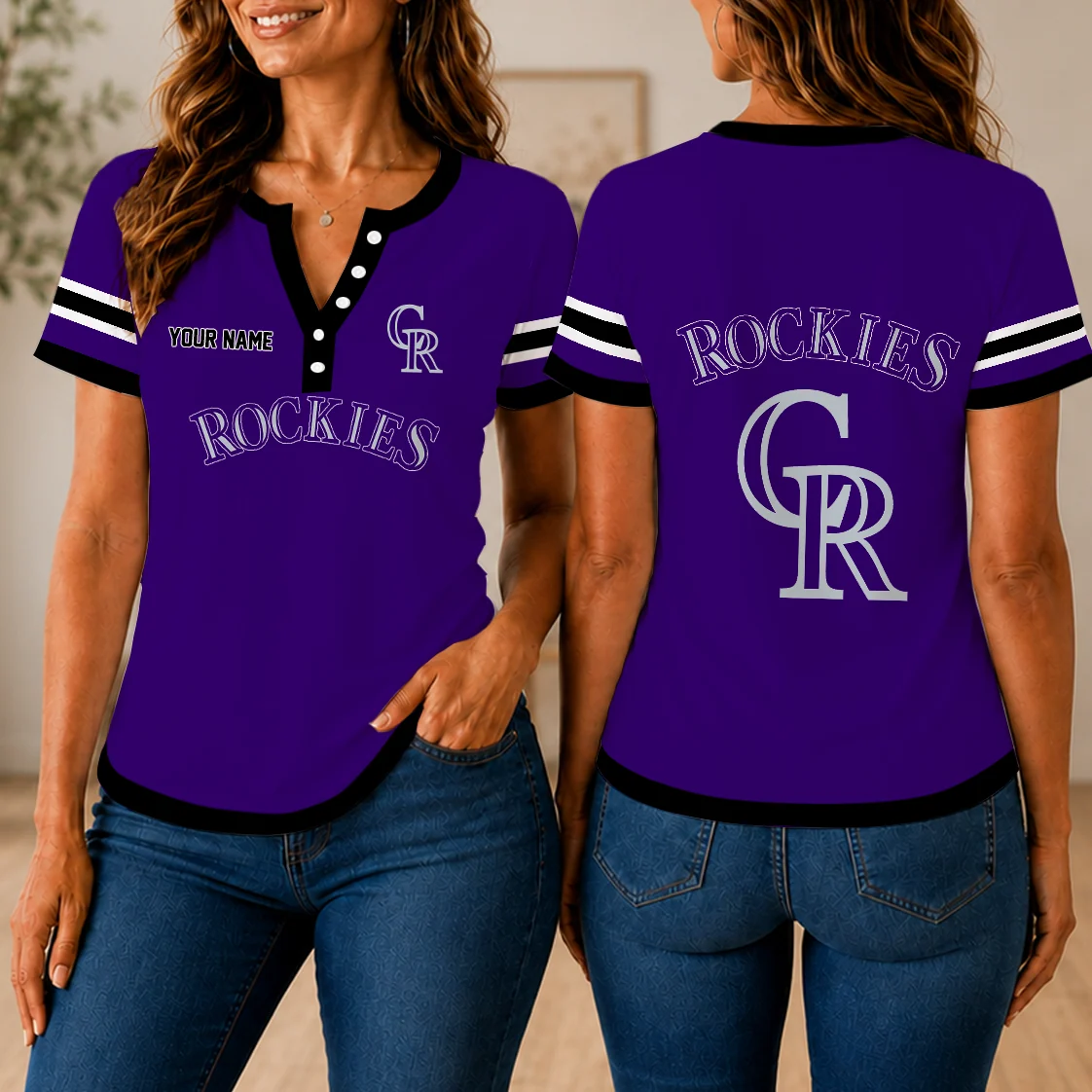 Limited Edition – Customized MLB Colorado Rockies Women’s Short Sleeve Henley T-Shirt