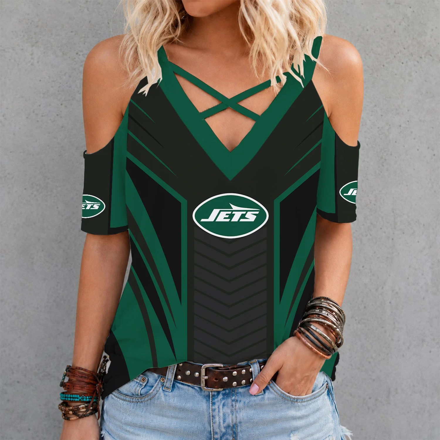 Limited Edition – Customized NFL New York Jets Criss Cross V-Neck Top