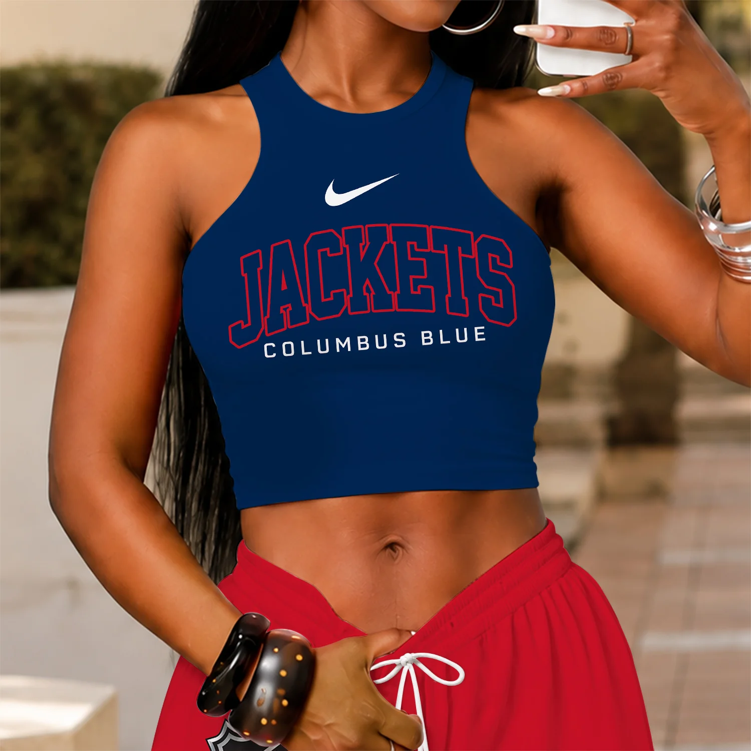 Limited Edition – Customized NHL Columbus Blue Jackets Women’s Crop Top & Long Pants Set - Image 2