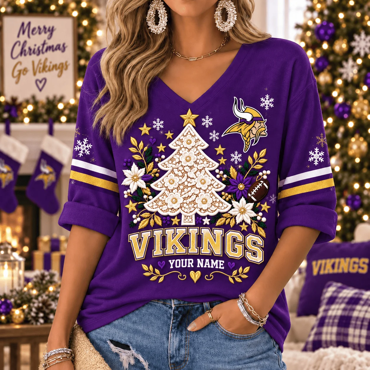 Limited Edition – Customized NFL Minnesota Vikings Women’s Heart V-Neck Long Sleeve Shirt