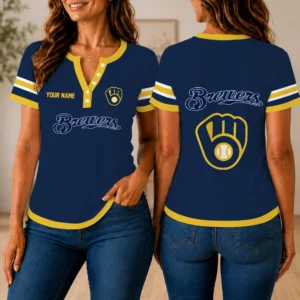 Limited Edition – Customized MLB Milwaukee Brewers Women’s Short Sleeve Henley T-Shirt
